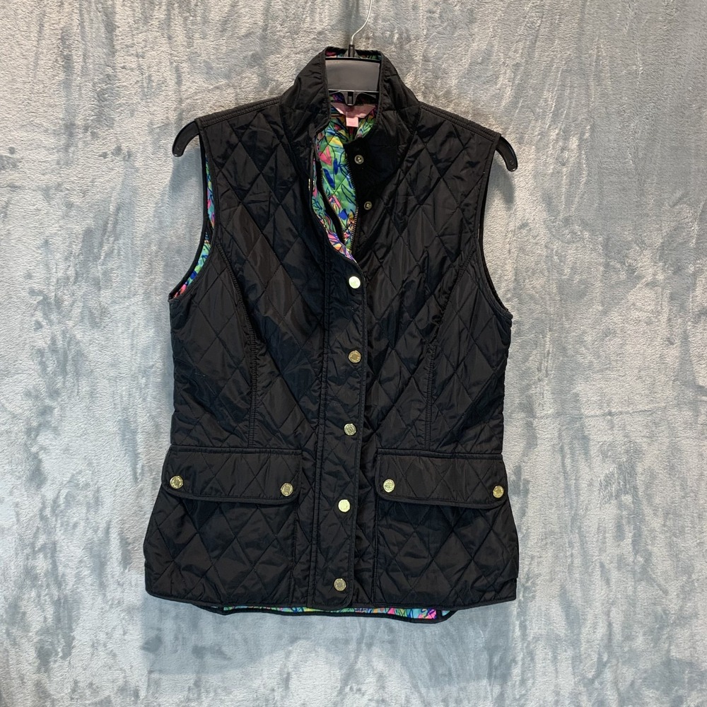 Lilly Pulitzer Getaway Quilted Vest Womens Medium Black‎  Floral Accent Pockets